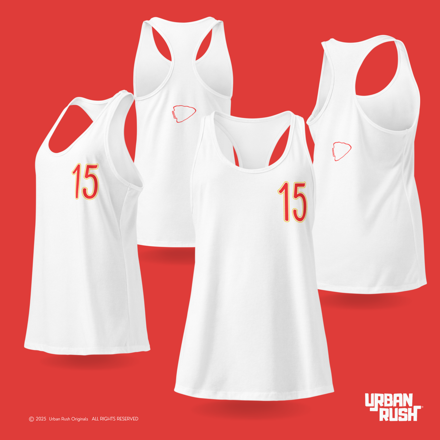 Four white tank tops with red numbers on a red background, featuring the Urban Rush brand.