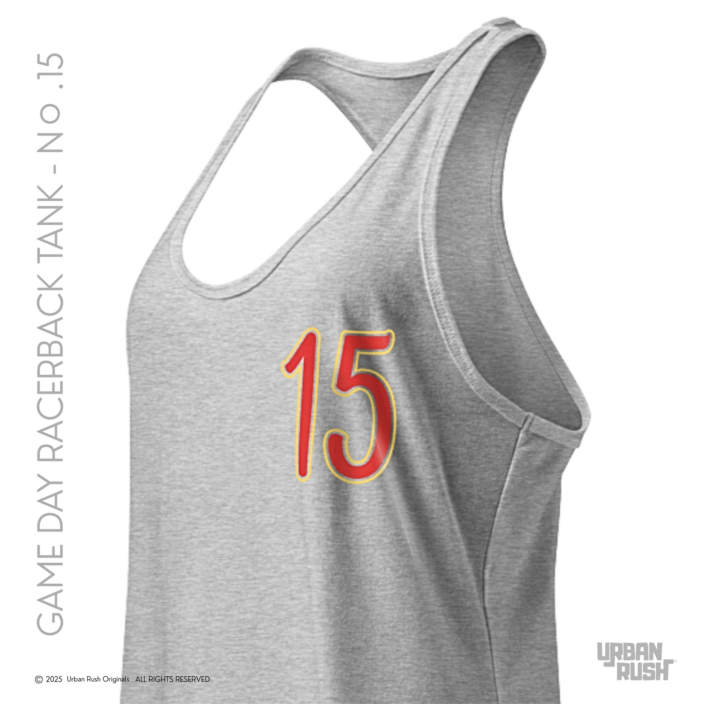 Gray racerback tank top with red number 15 on a white background
