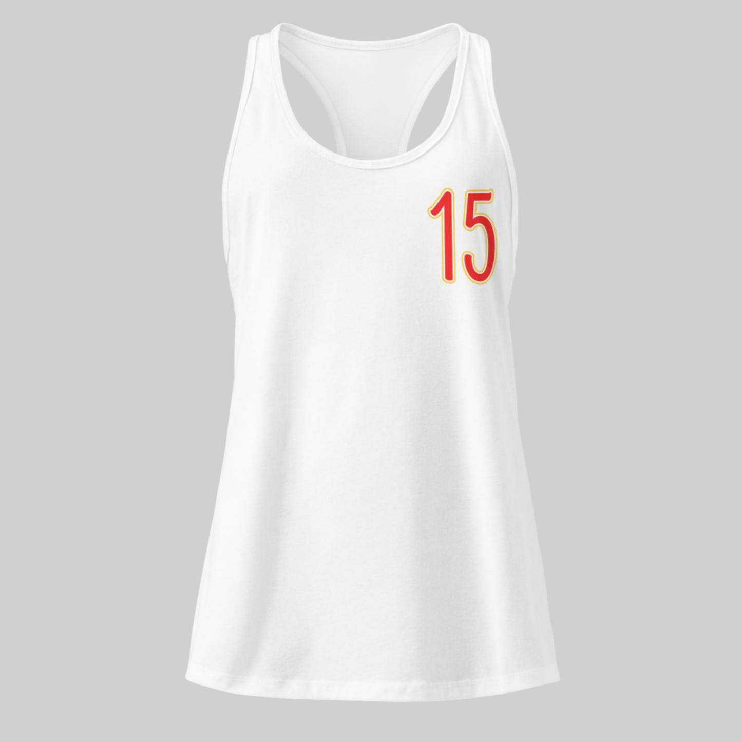 White tank top with red number 15 on a gray background