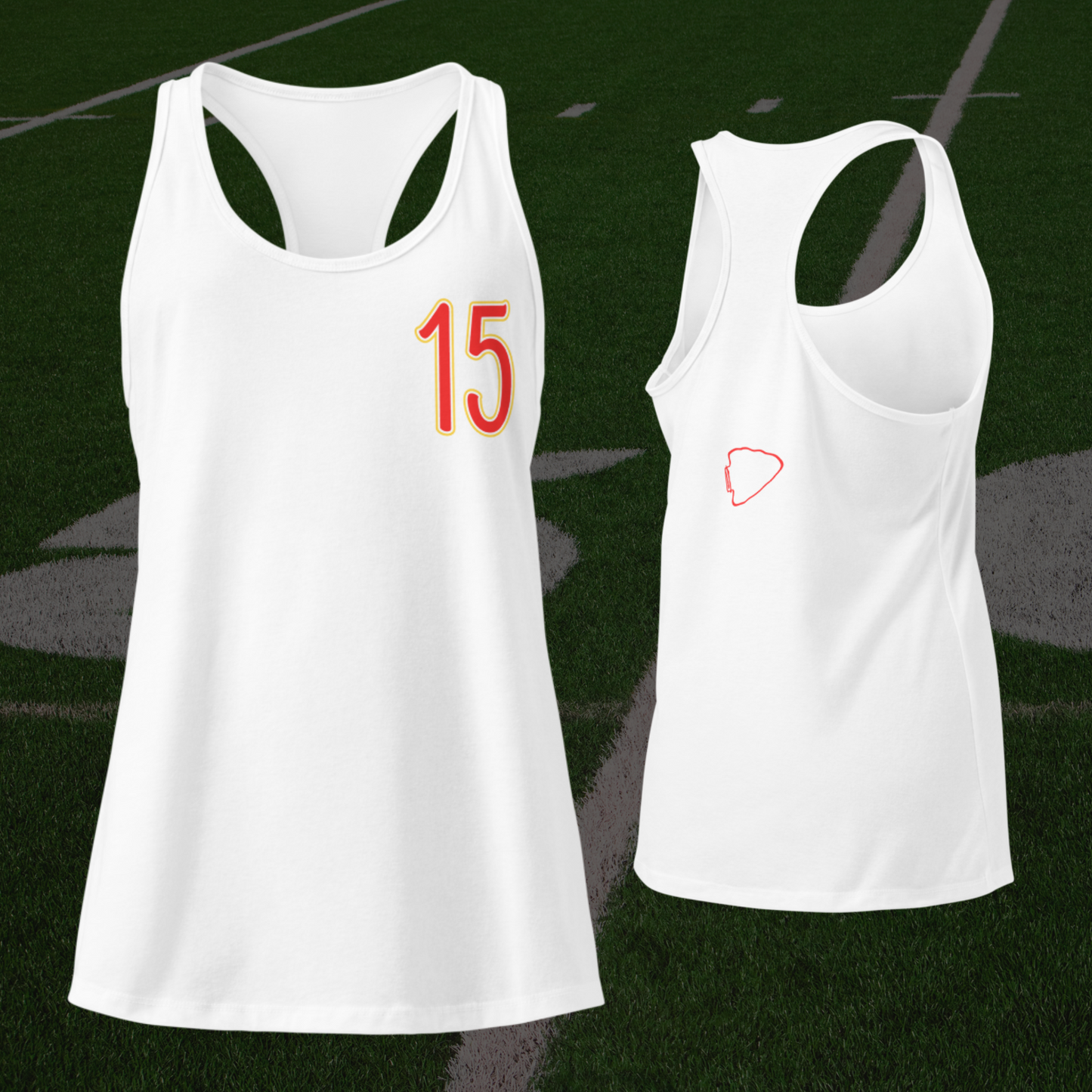 Two white tank tops with red numbers and symbols on a dark background