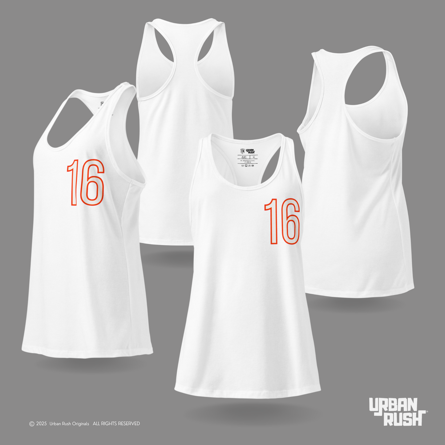Four white tank tops with the number 16 in red on a gray background, featuring Urban Rush branding.
