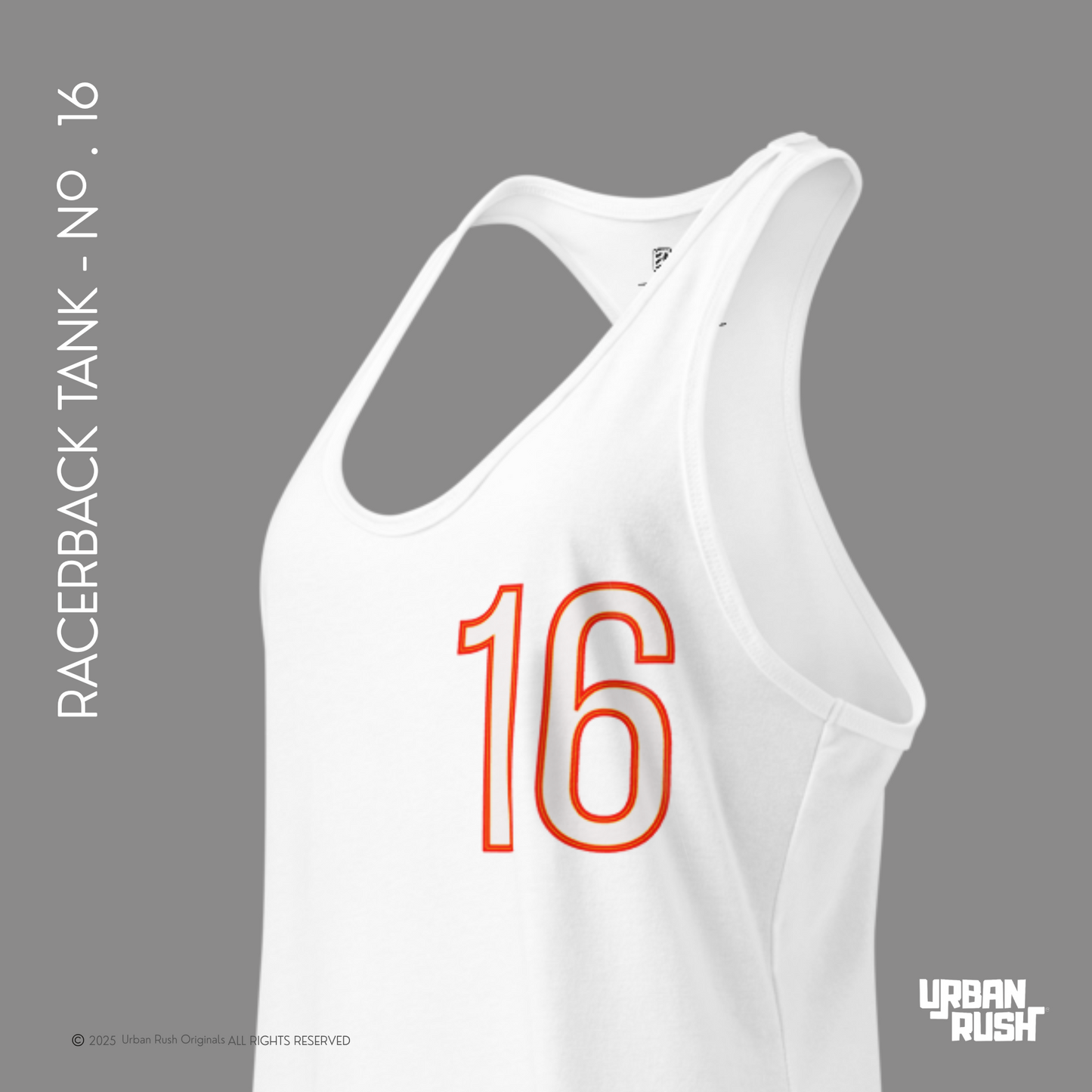 White racerback tank top with red number 16 on a gray background, featuring Urban Rush branding.
