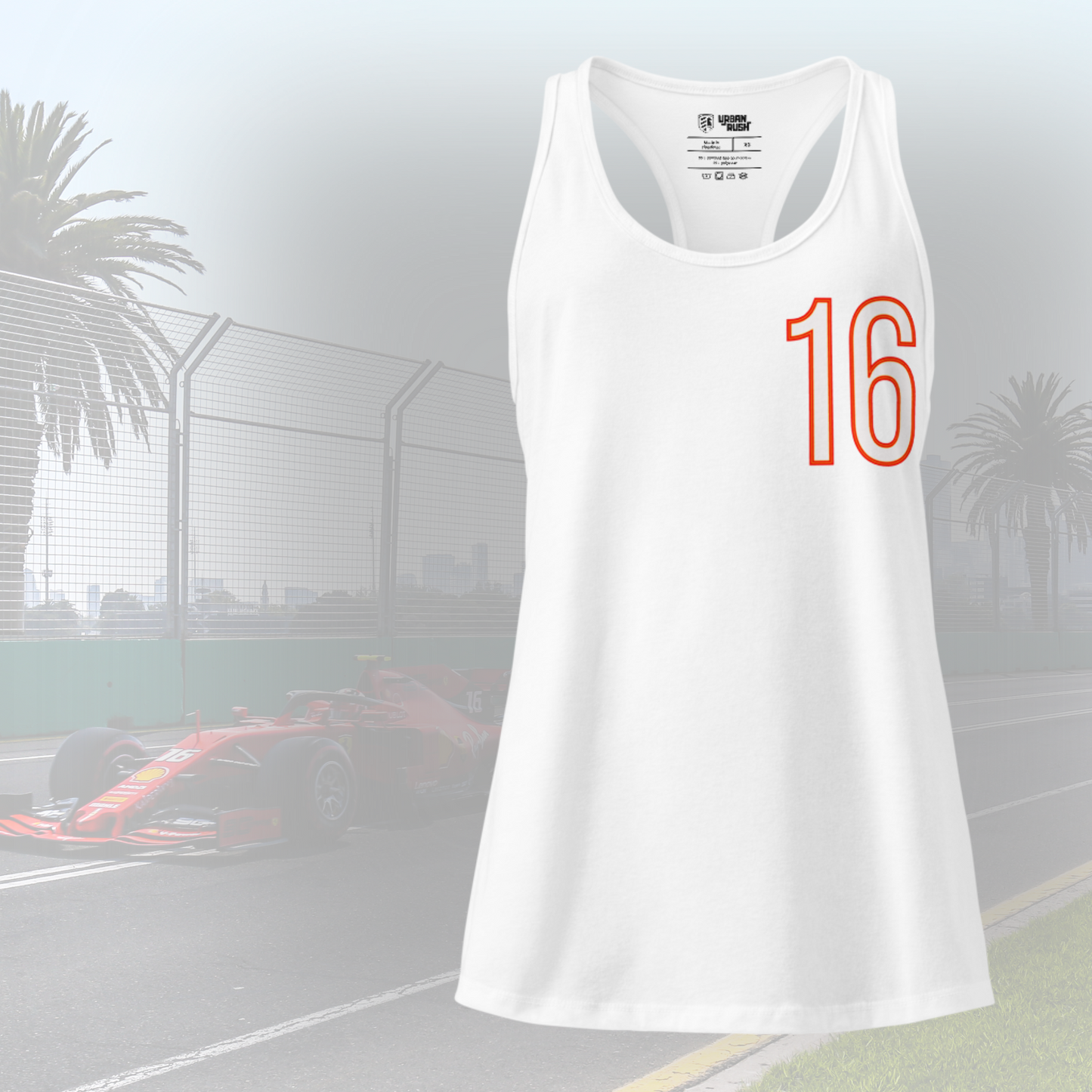 White tank top with red number 16 on a blurred background of a racetrack.
