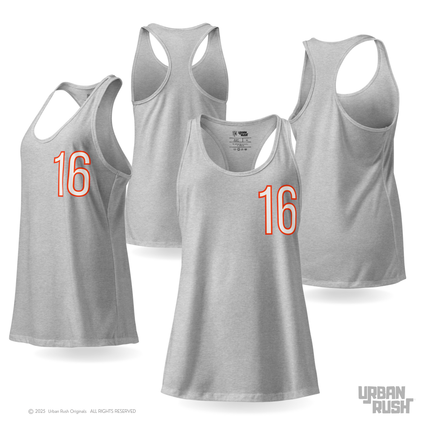 Gray tank tops with red number 16 on a white background, featuring Urban Rush branding.