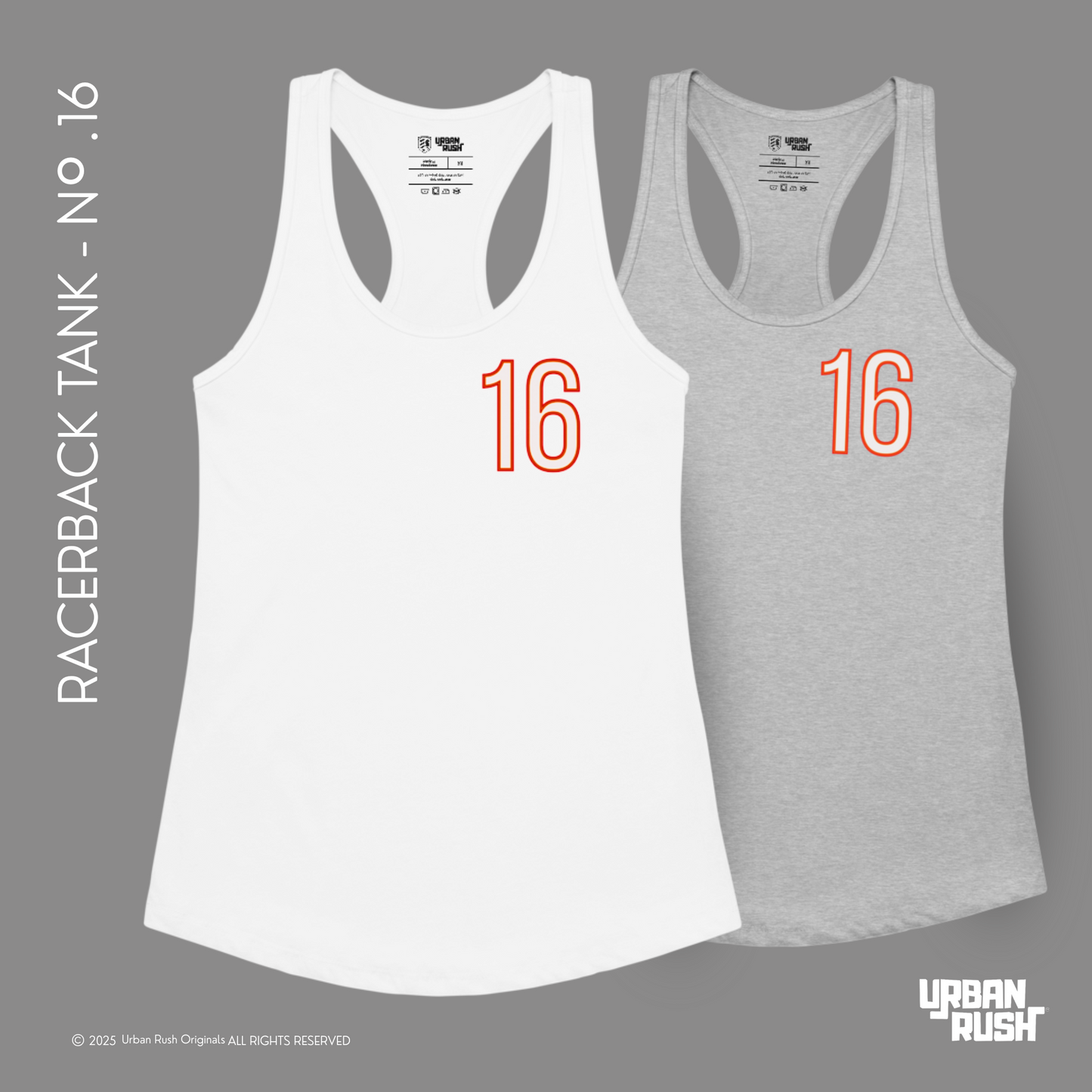 Two racerback tanks, one white and one gray, with the number 16 printed on a gray background. Urban Rush branding is visible.