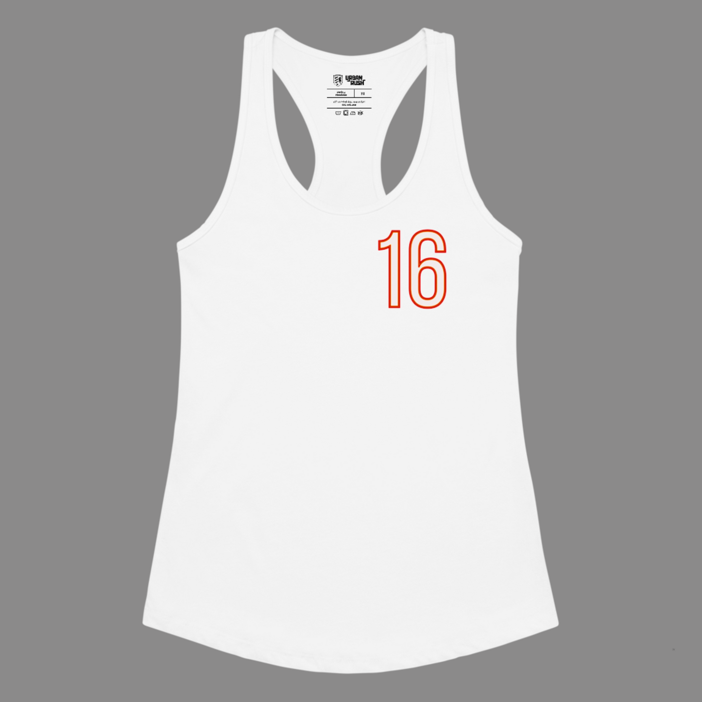 White tank top with red number 16 on a gray background