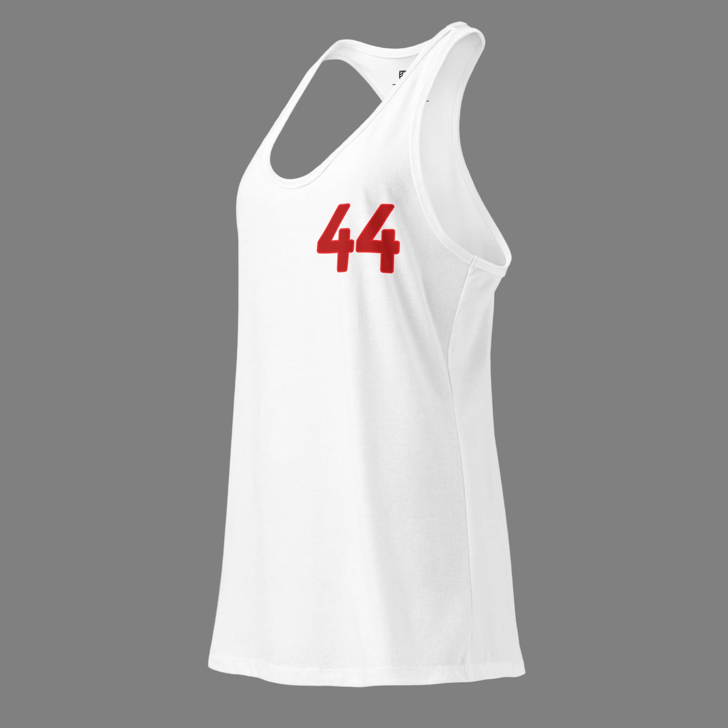 White tank top with red number 44 on a white background