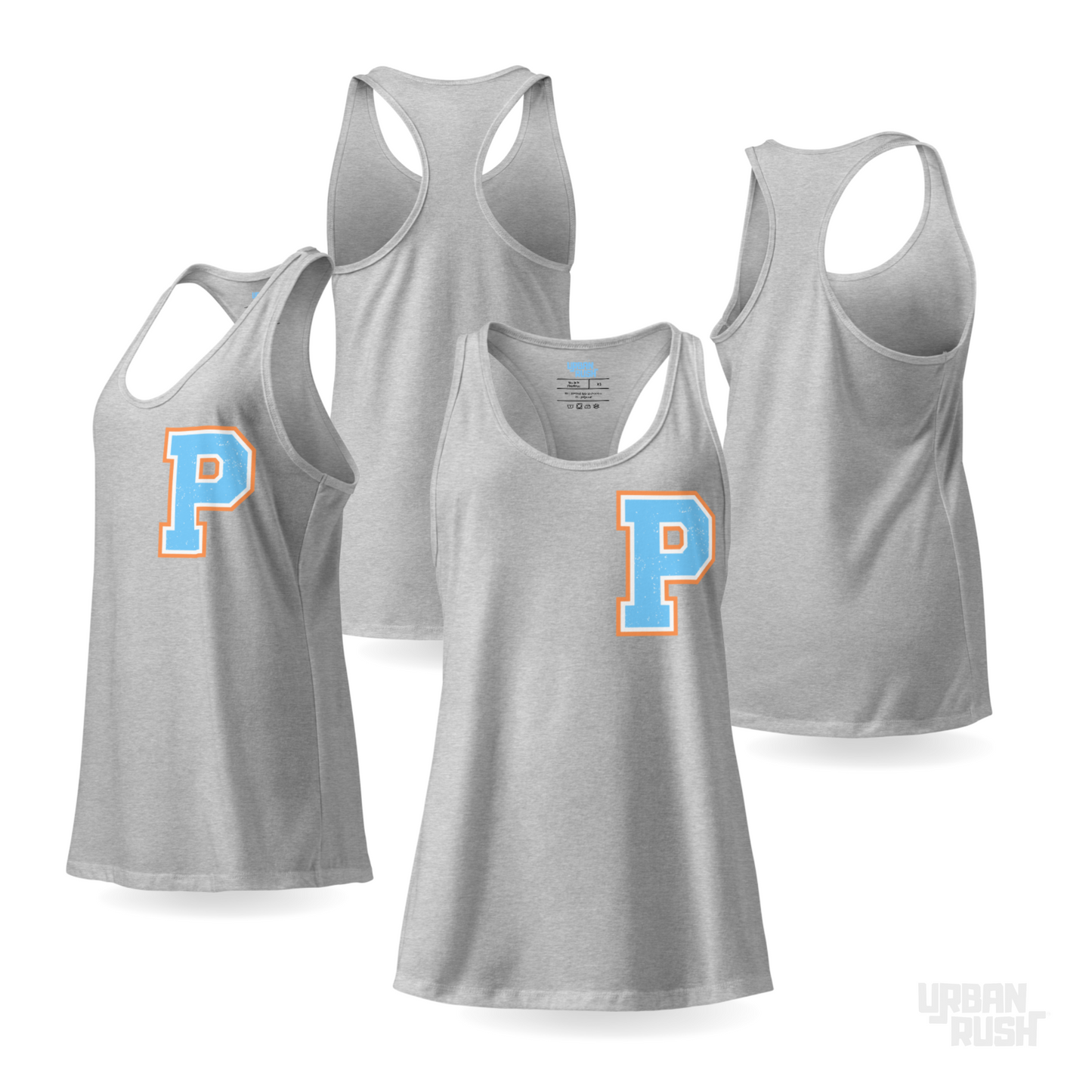 Four gray tank tops with a blue 'P' logo on a white background