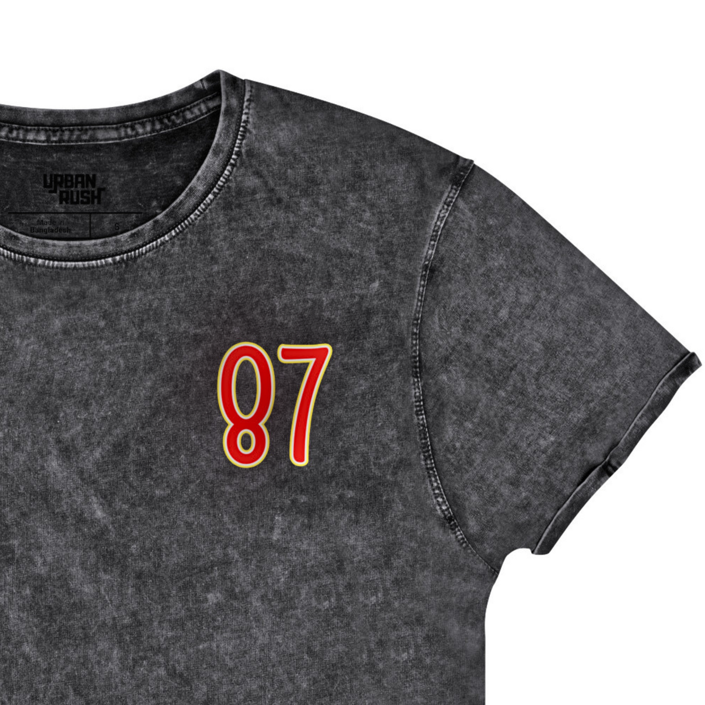 Gray t-shirt with red number 87 on a white background