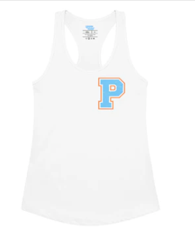 White tank top with a blue and orange 'P' on a white background