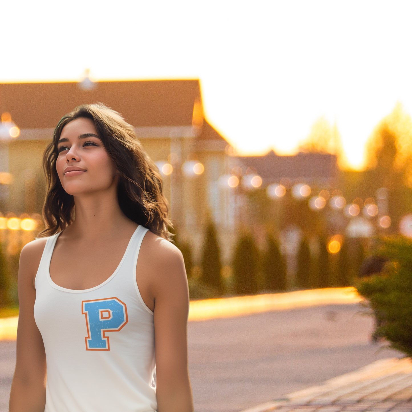 Model walking in outdoor neighborhood at sunset in white racerback tank top on a warm summer day.