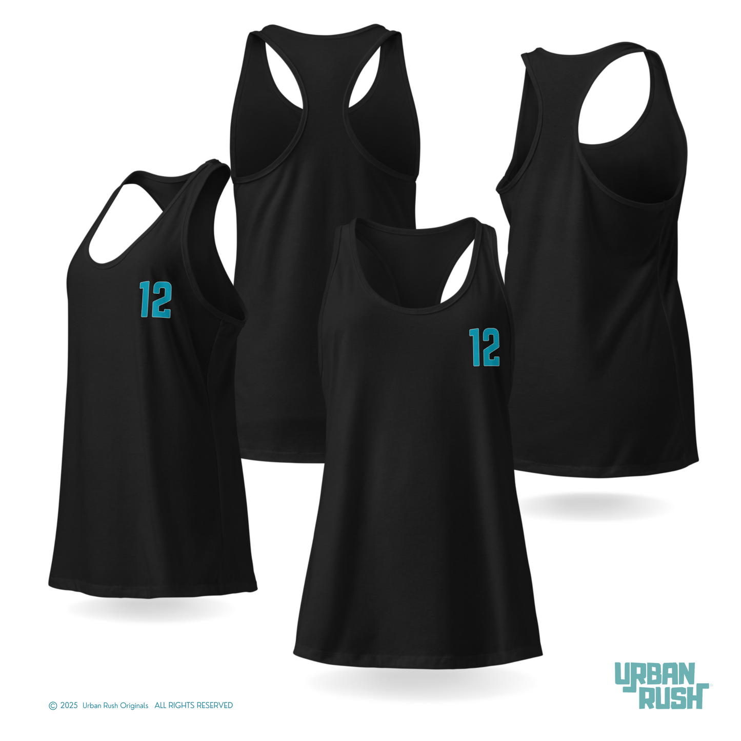 Black tank tops with number 12 printed on a white background, featuring Urban Rush branding.