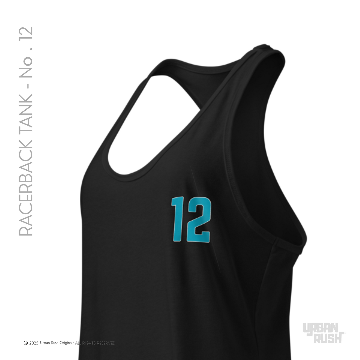 Black racerback tank top with blue number 12 on a white background