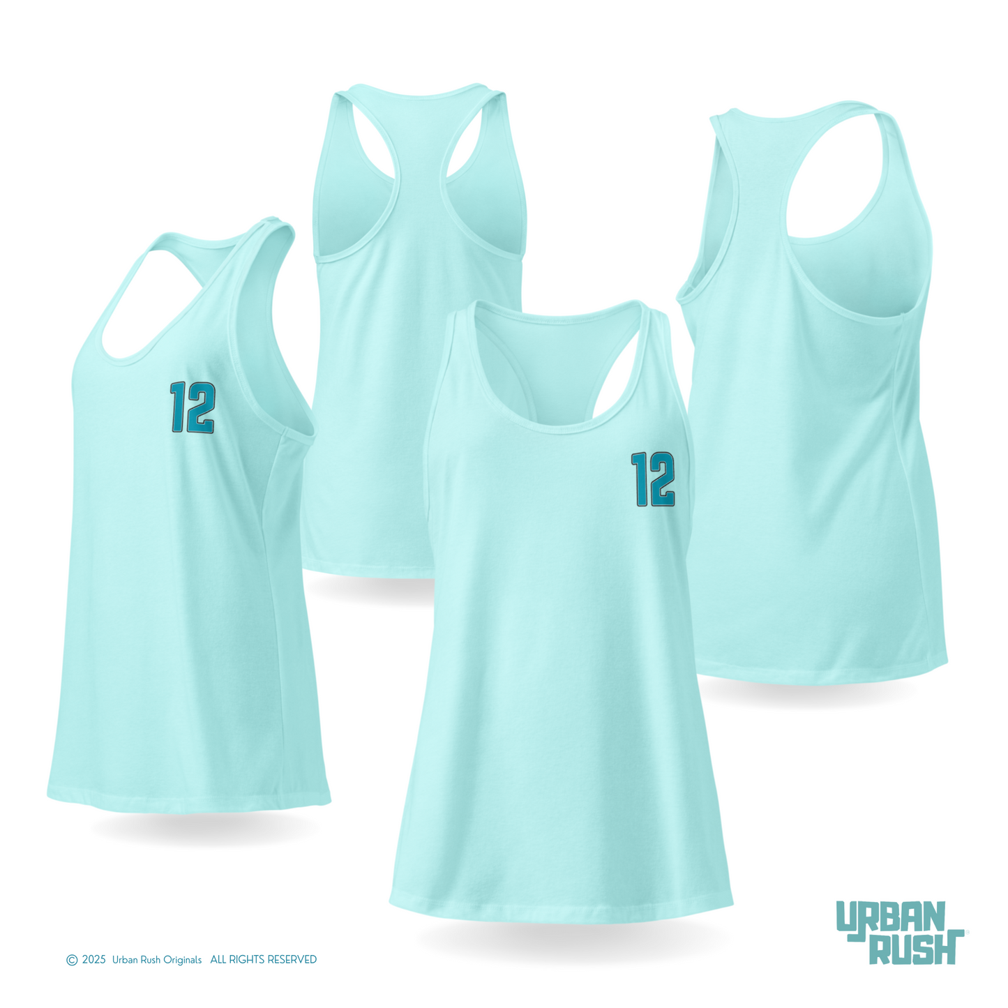 Light blue tank tops with number 12 on a white background, featuring Urban Rush branding.