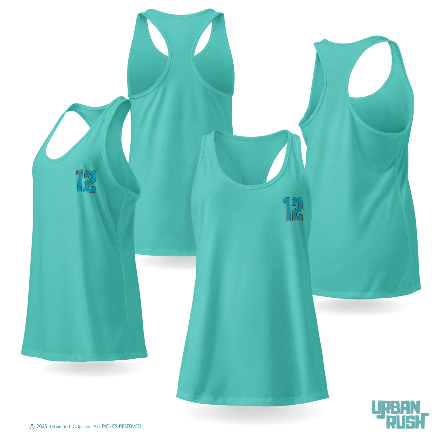 Four turquoise tank tops with the number 12 on a white background, featuring the brand 'Urban Rush'.