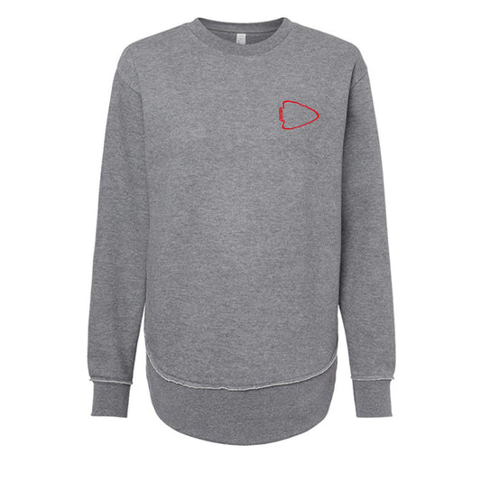 Gray sweatshirt with a red logo on a white background