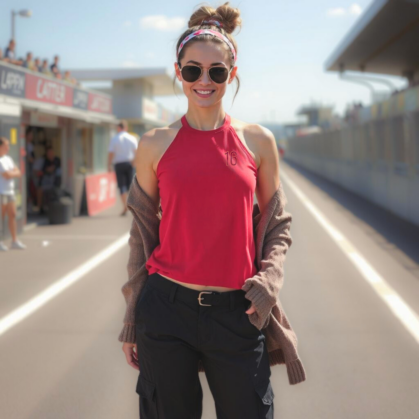 Woman in red halter top and sunglasses standing on a race track.