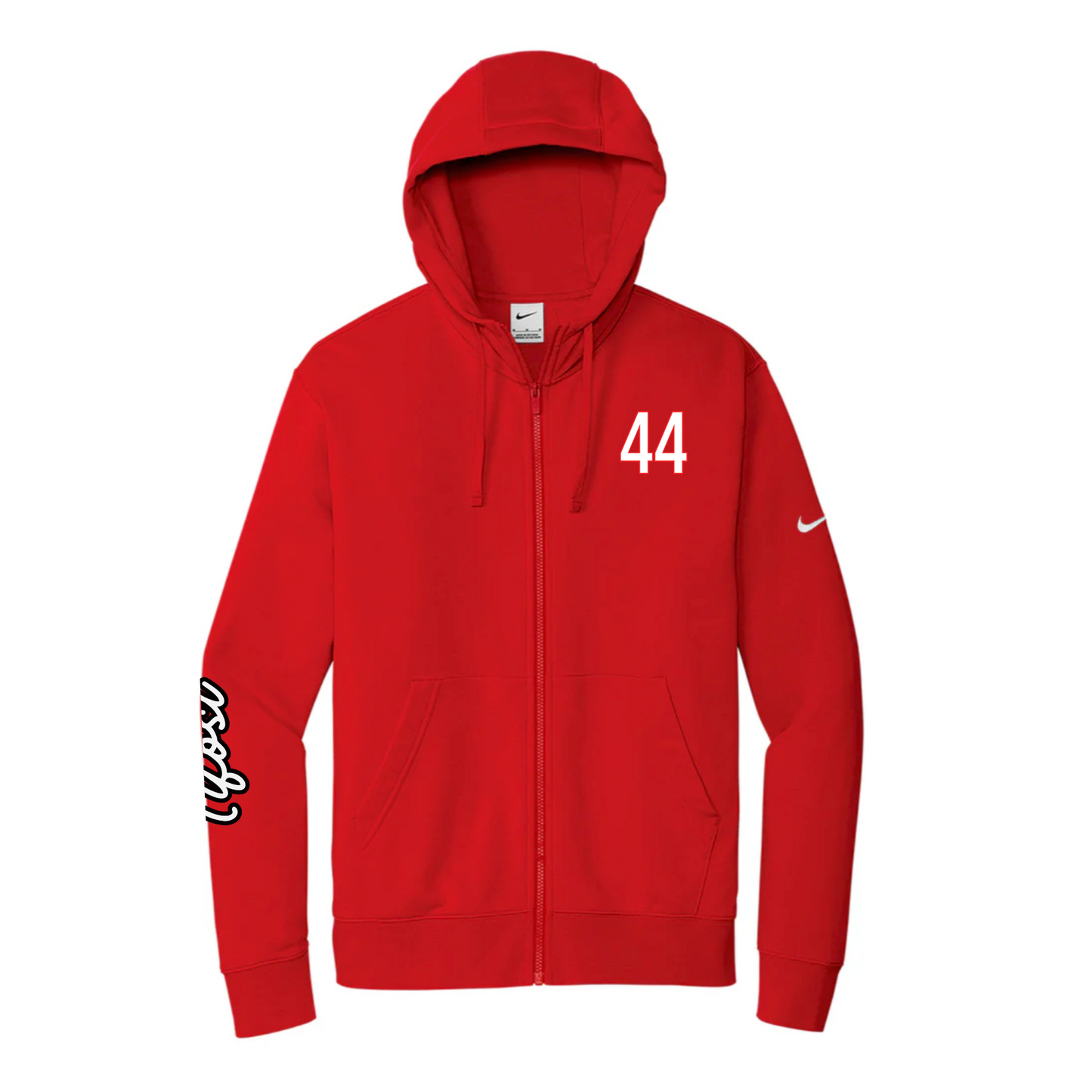 Red hoodie with number 44 and Nike logo on a white background