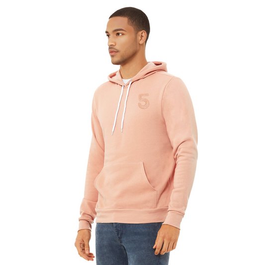 Man wearing a pink hoodie with a number 5 on a white background