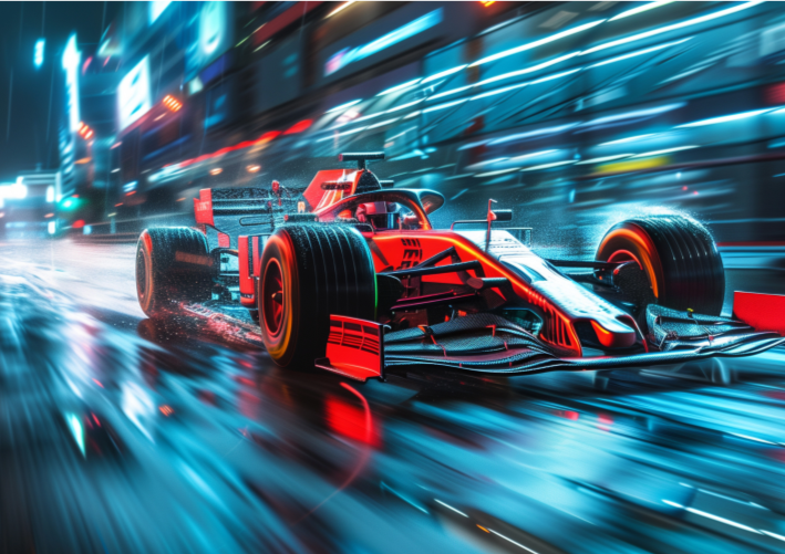 Futuristic racing car speeding through a neon cityscape at night