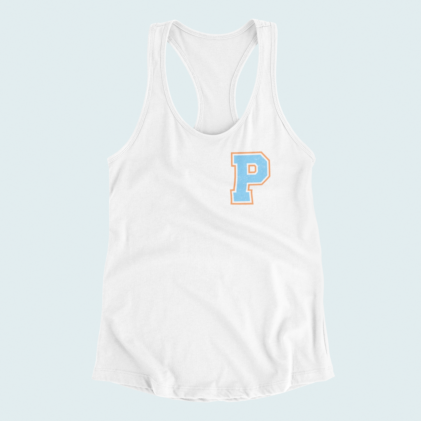 White tank top with a blue letter 'P' on a light blue background