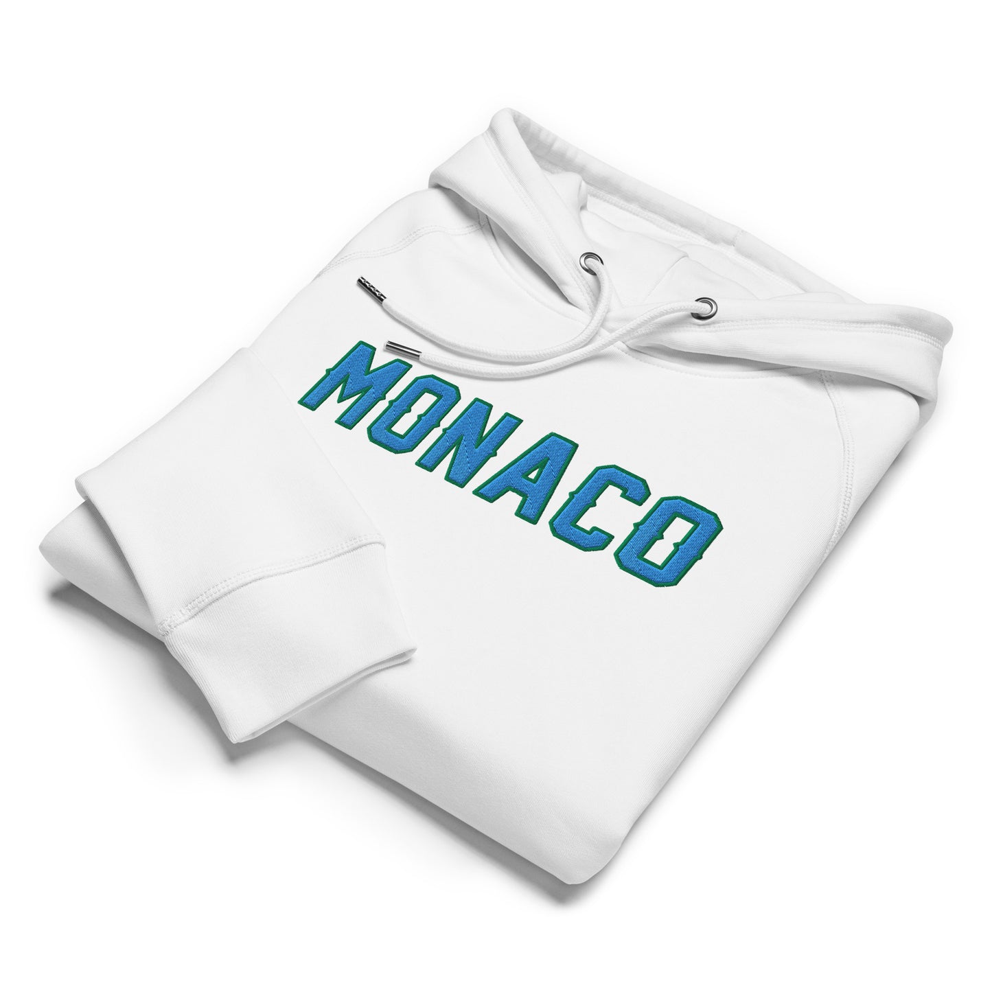 White hoodie with 'MONACO' printed in blue on a white background