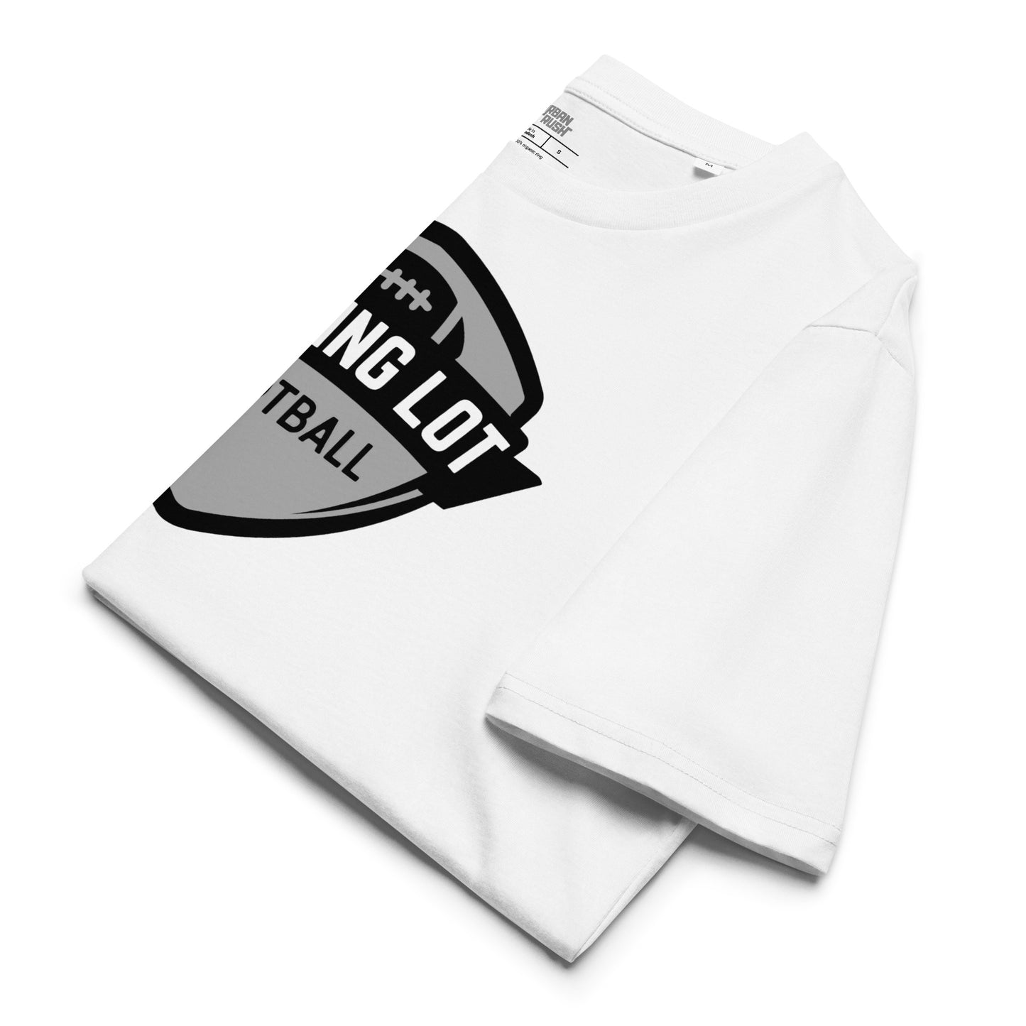 White t-shirt with black and gray graphic design on a white background