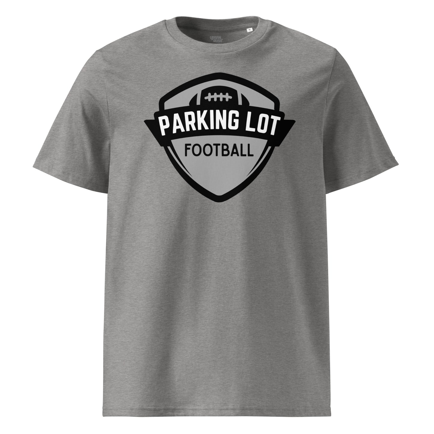 Gray t-shirt with 'Parking Lot Football' logo on a white background