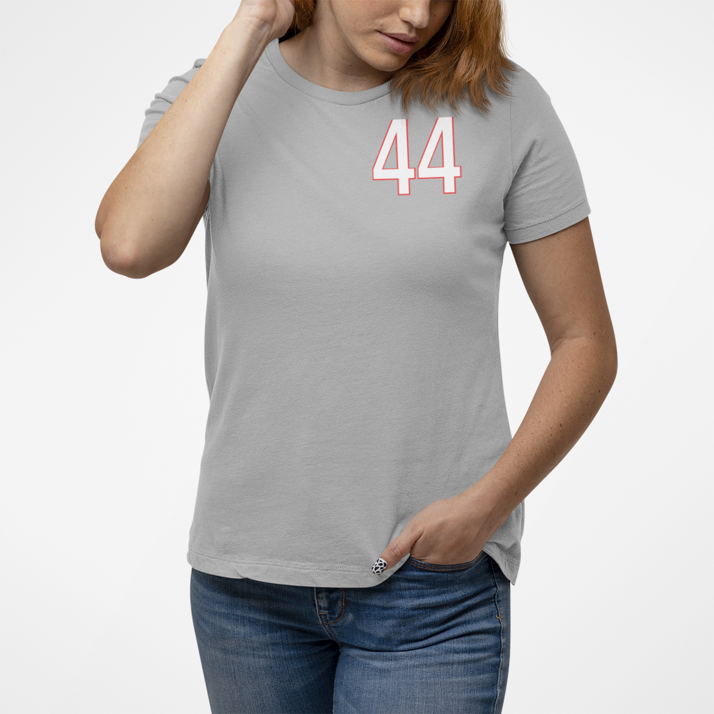 Person wearing a gray t-shirt with the number 44 on a white background