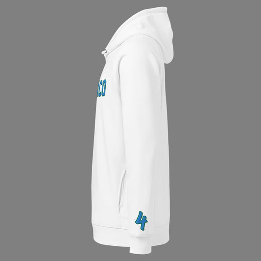 White hoodie with blue text and logo on a white background