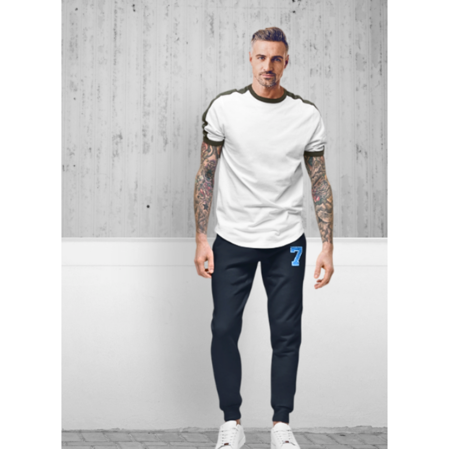 Premium navy joggers with contrasting blue 7 embroidered on leg, elevated loungewear.