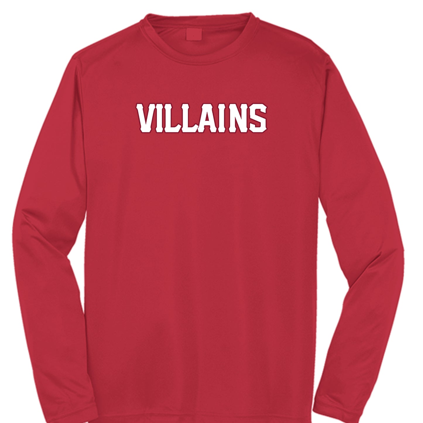 Red long-sleeve shirt with 'VILLAINS' text on a white background