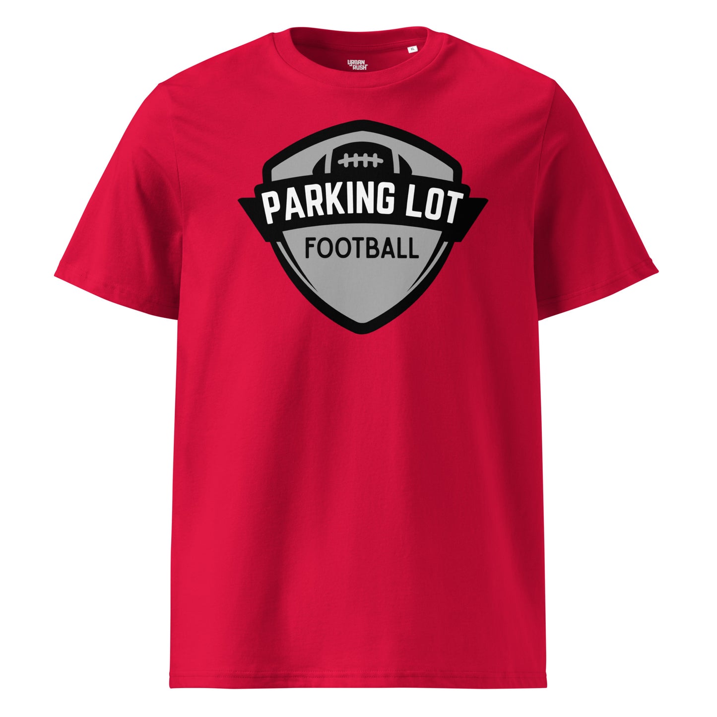 Red t-shirt with 'Parking Lot Football' graphic on a white background