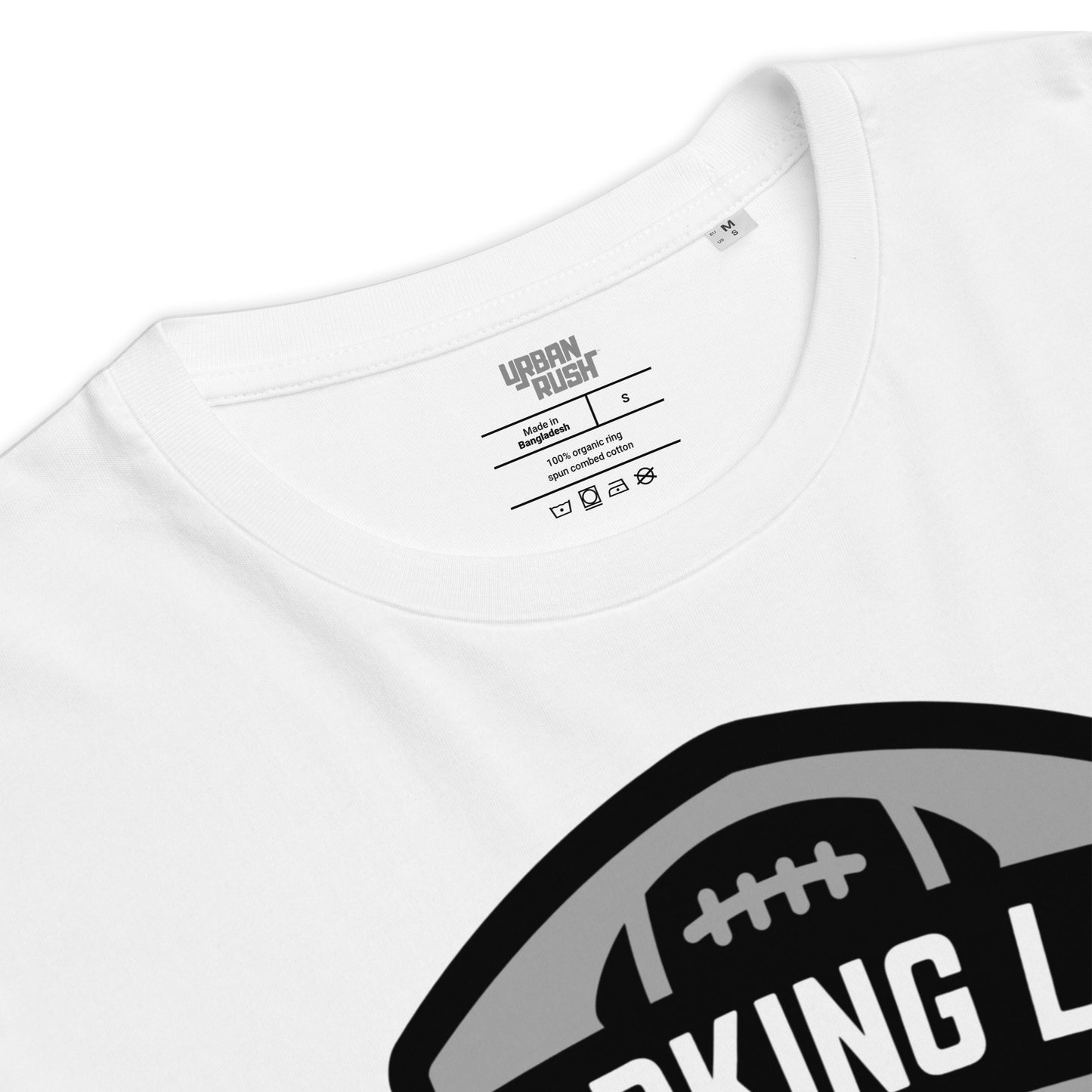 White t-shirt with a logo and text on a white background