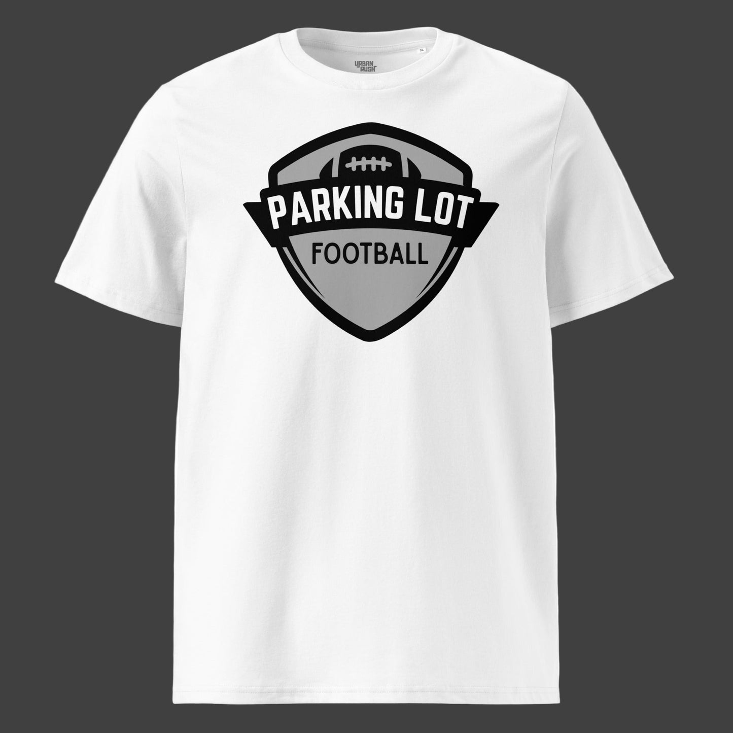White t-shirt with 'Parking Lot Football' logo on a white background