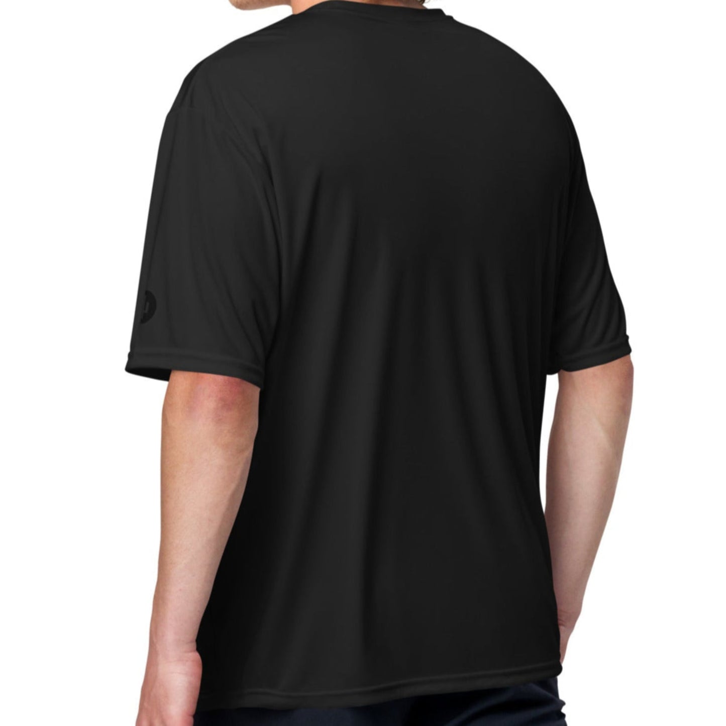 Black t-shirt worn by a person on a white background