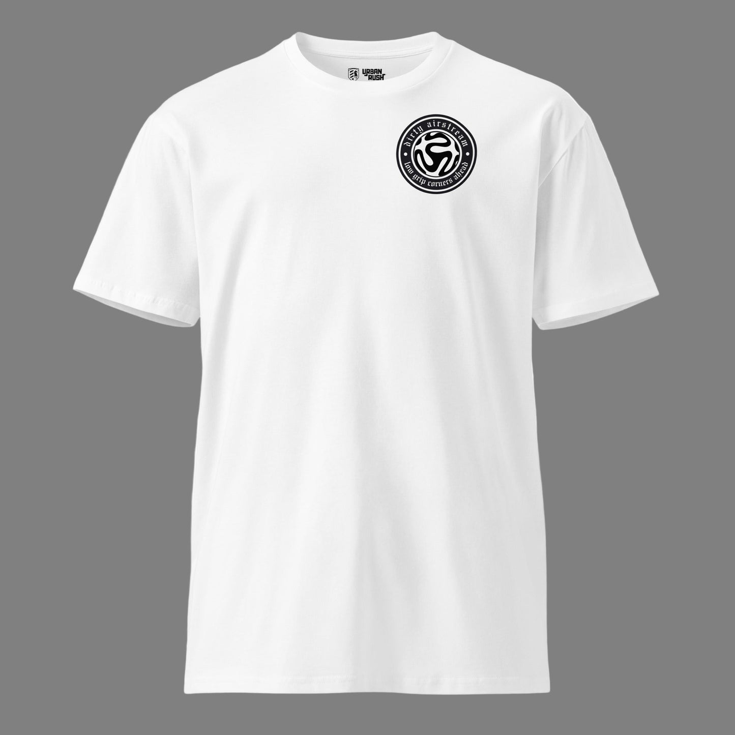 White t-shirt with a black logo on a white background