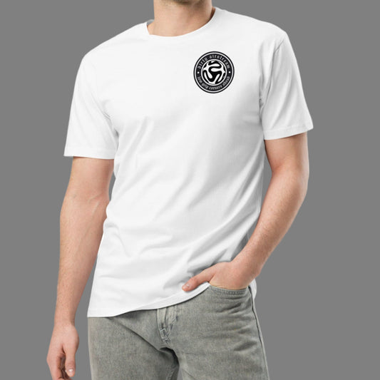 Man wearing a white t-shirt with a black logo on a white background