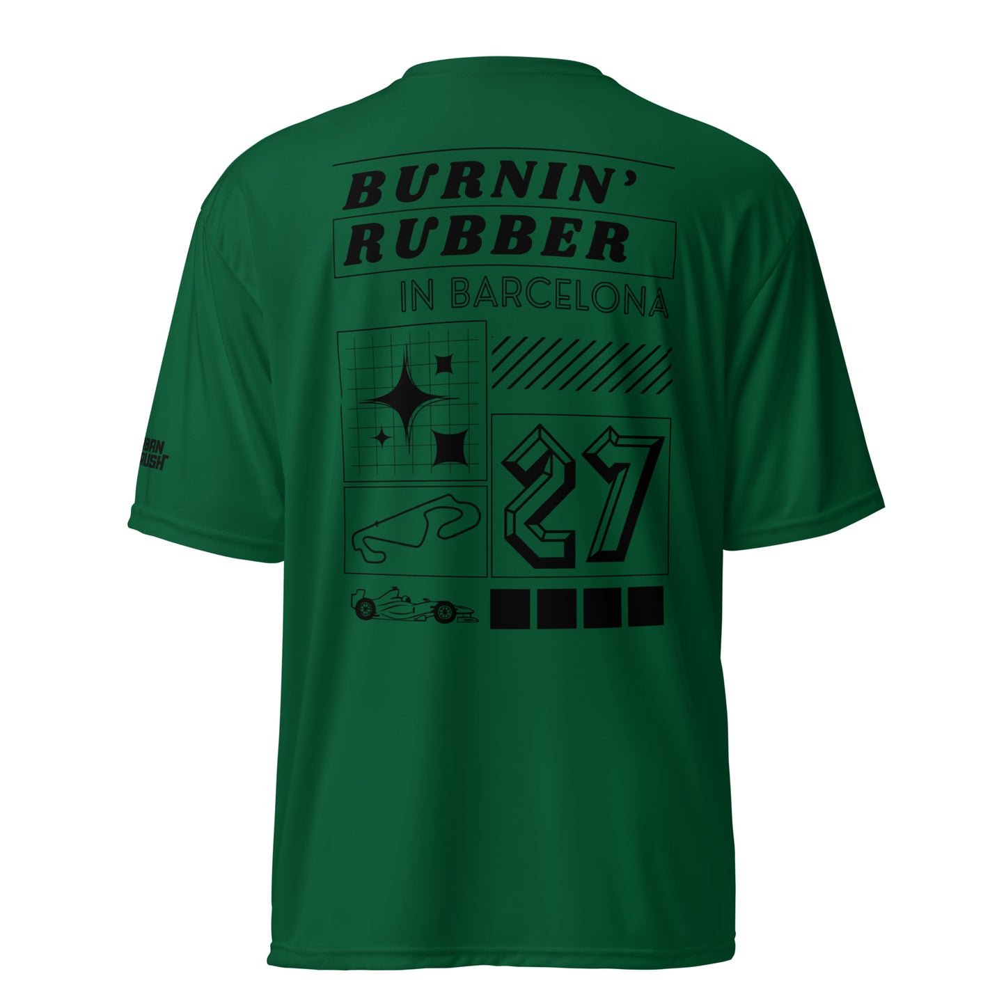Green t-shirt with black text and graphics on a white background