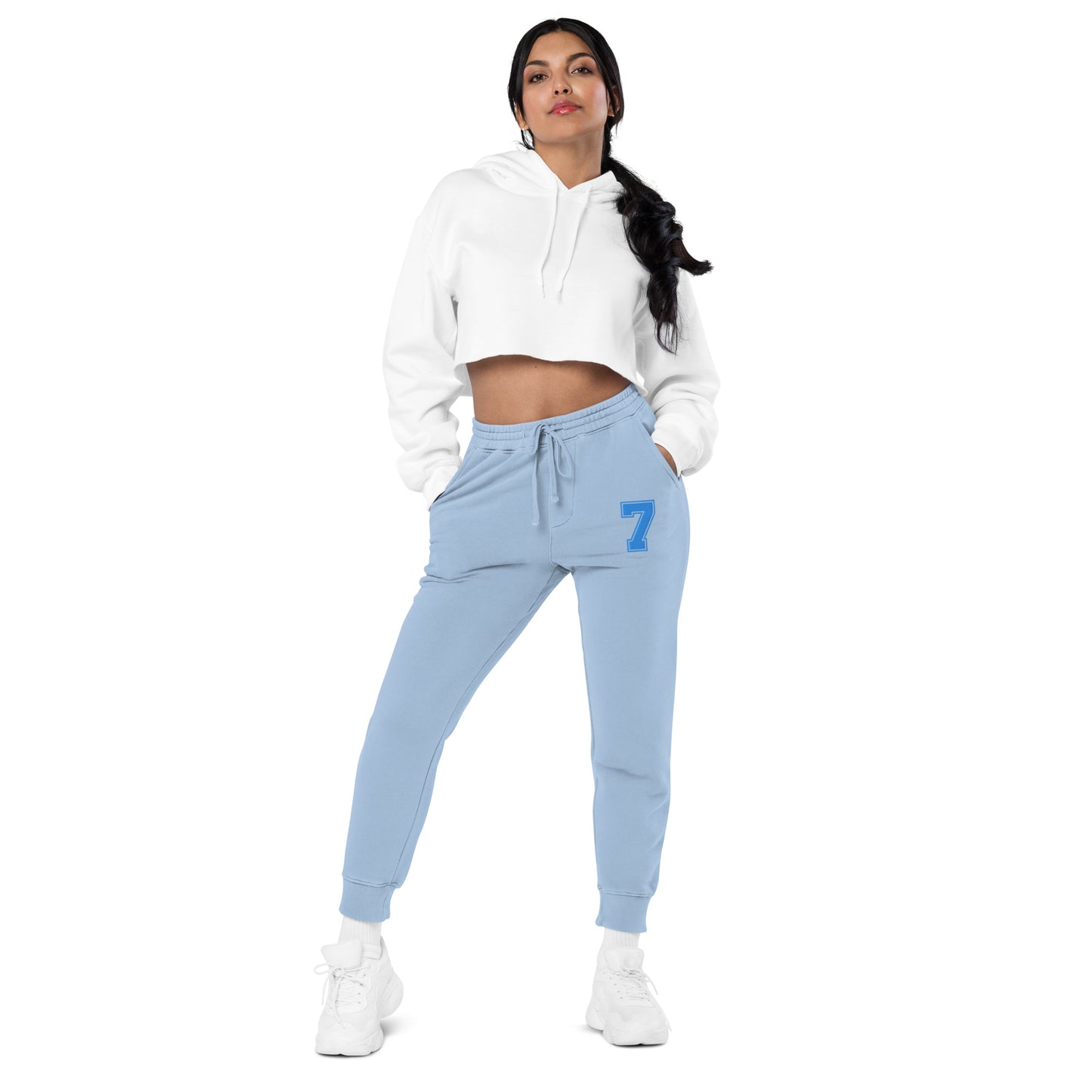 Model wearing Light Blue KC Baseball Royalty Boyfriend Joggers, showcasing premium embroidered number 7, with a soft, relaxed fit in bright, airy lighting.