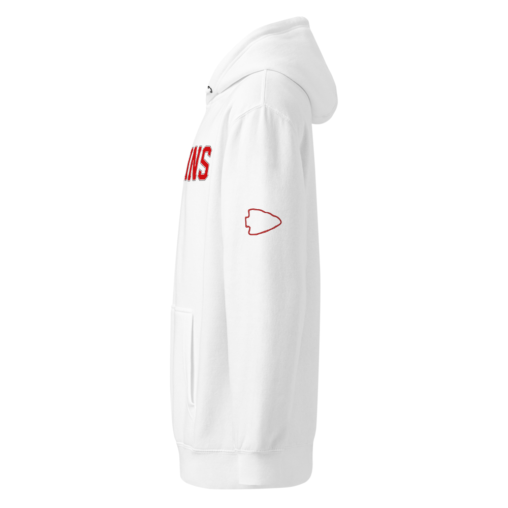 White hoodie with red text and embroidered arrowhead sleeve on a white background