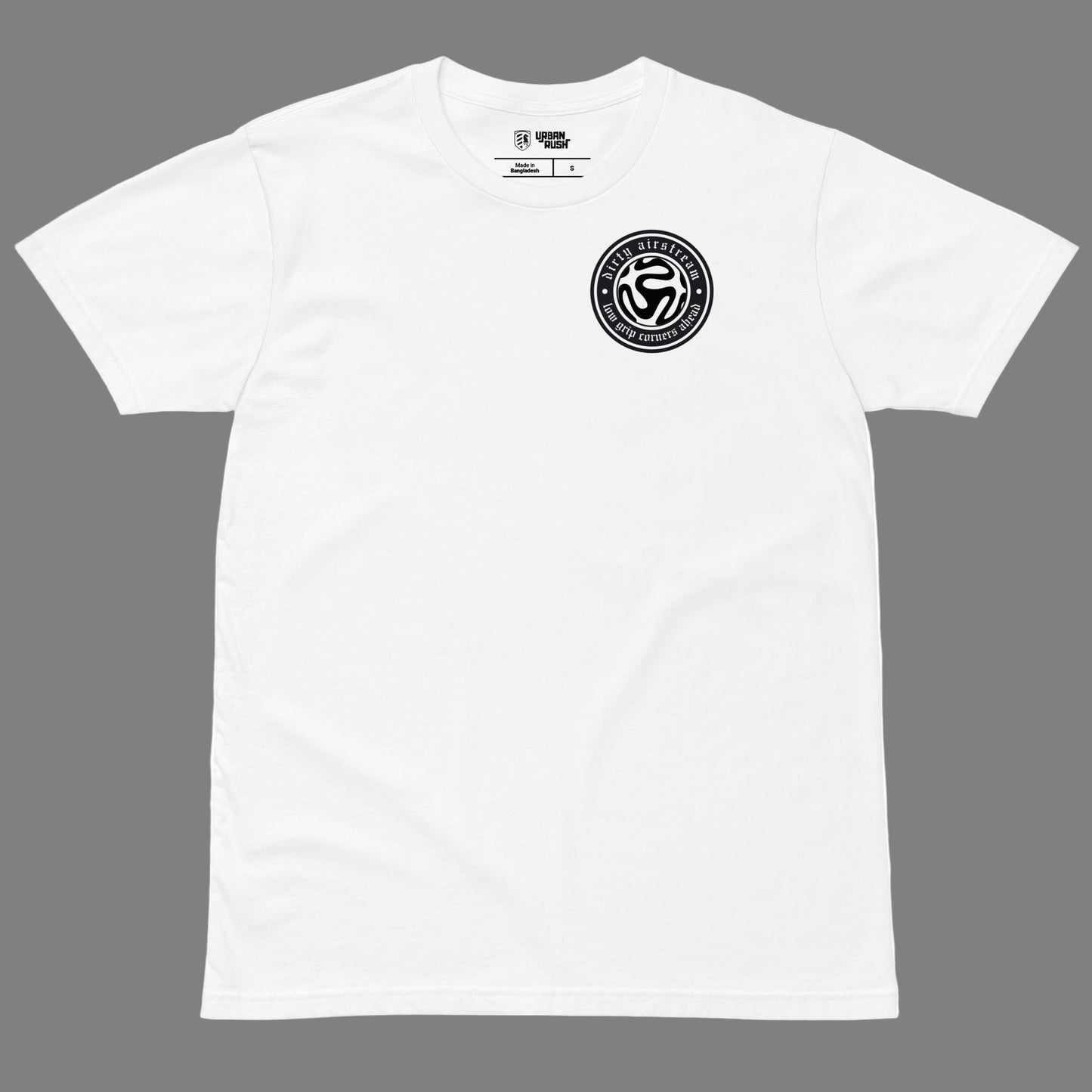 White t-shirt with a black logo on a white background