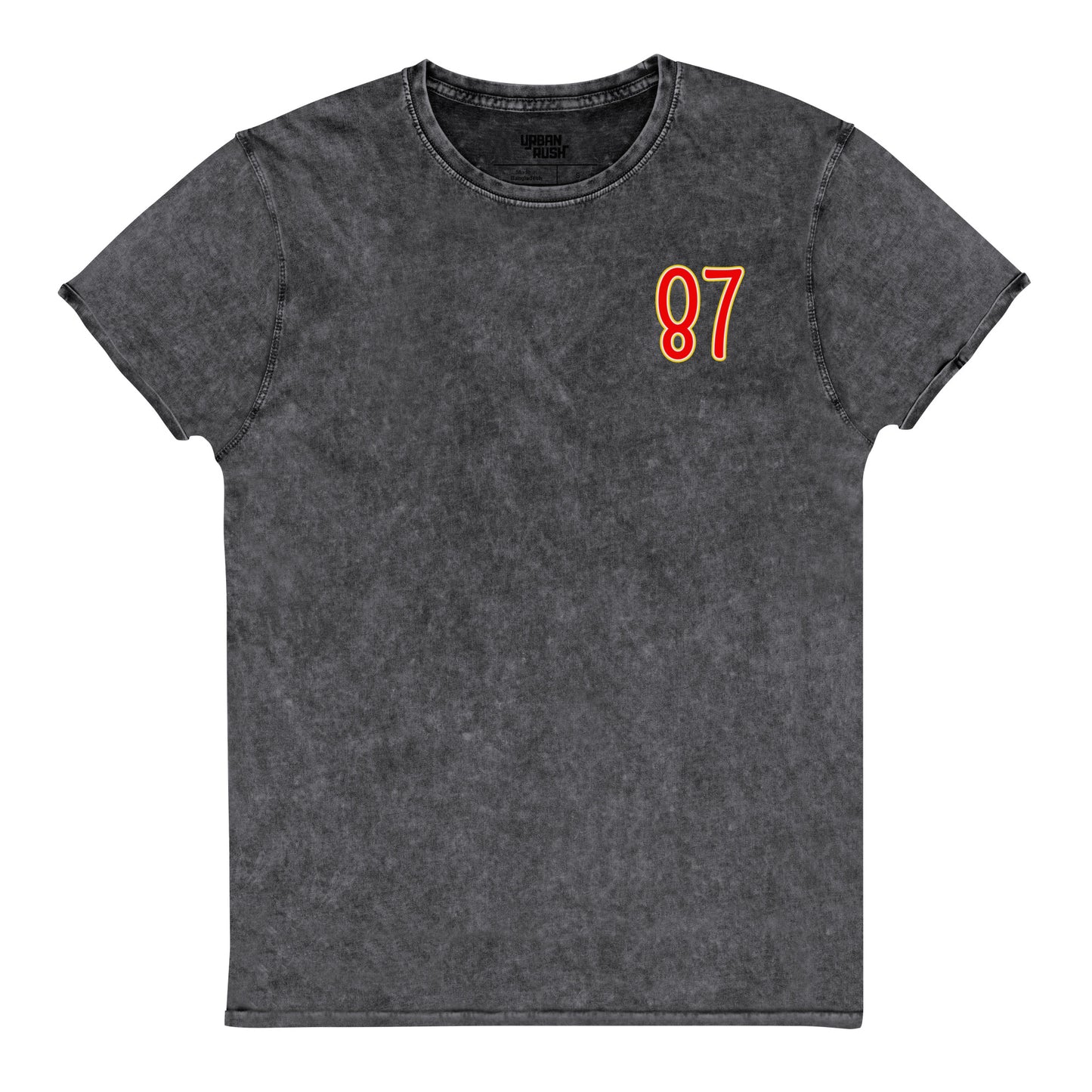 Black t-shirt with red number 87 on a white background