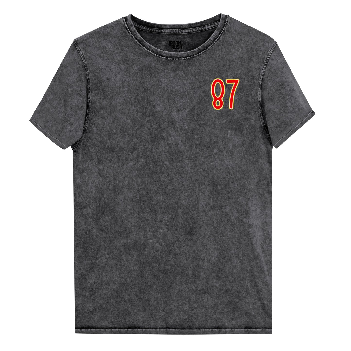Gray t-shirt with red number 87 on a white background