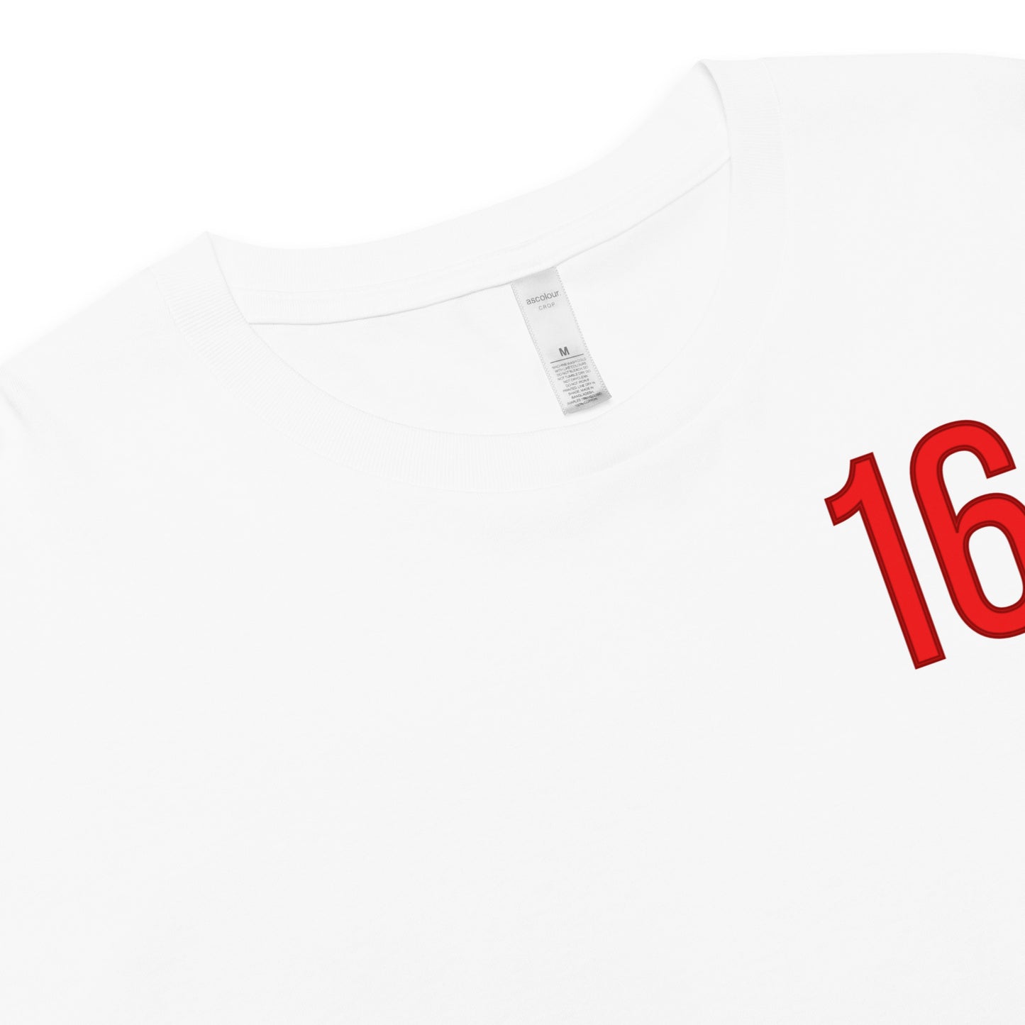 White t-shirt with red number '16' on a white background