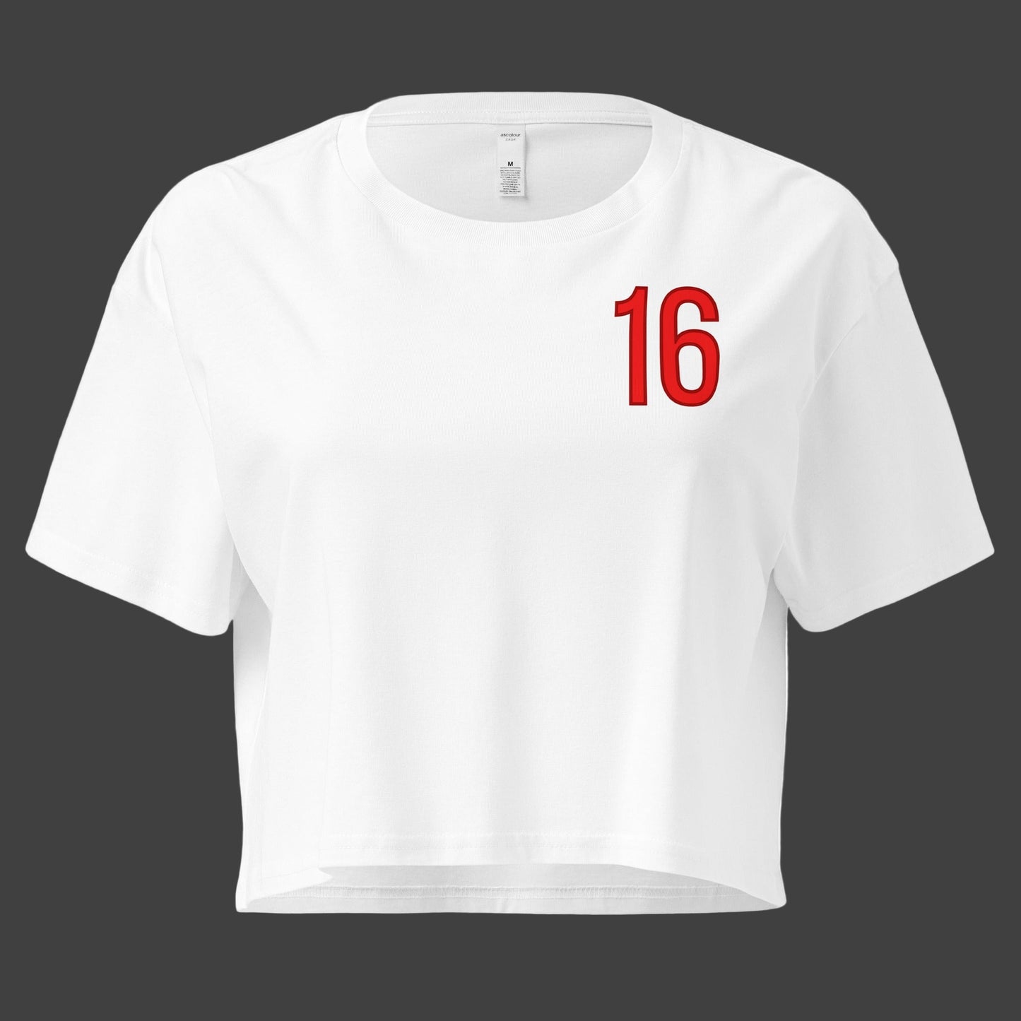 White crop top with red number 16 on a black background