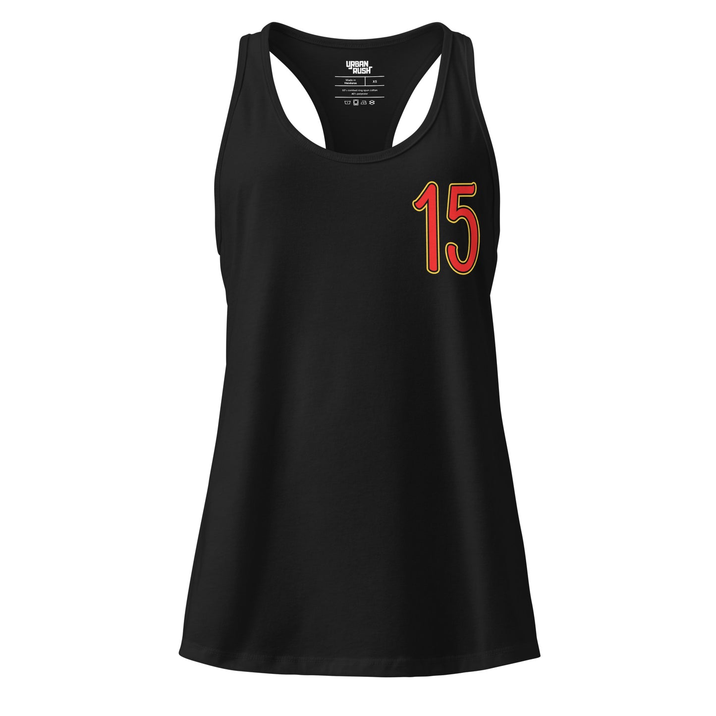 Black tank top with red number 15 on a white background
