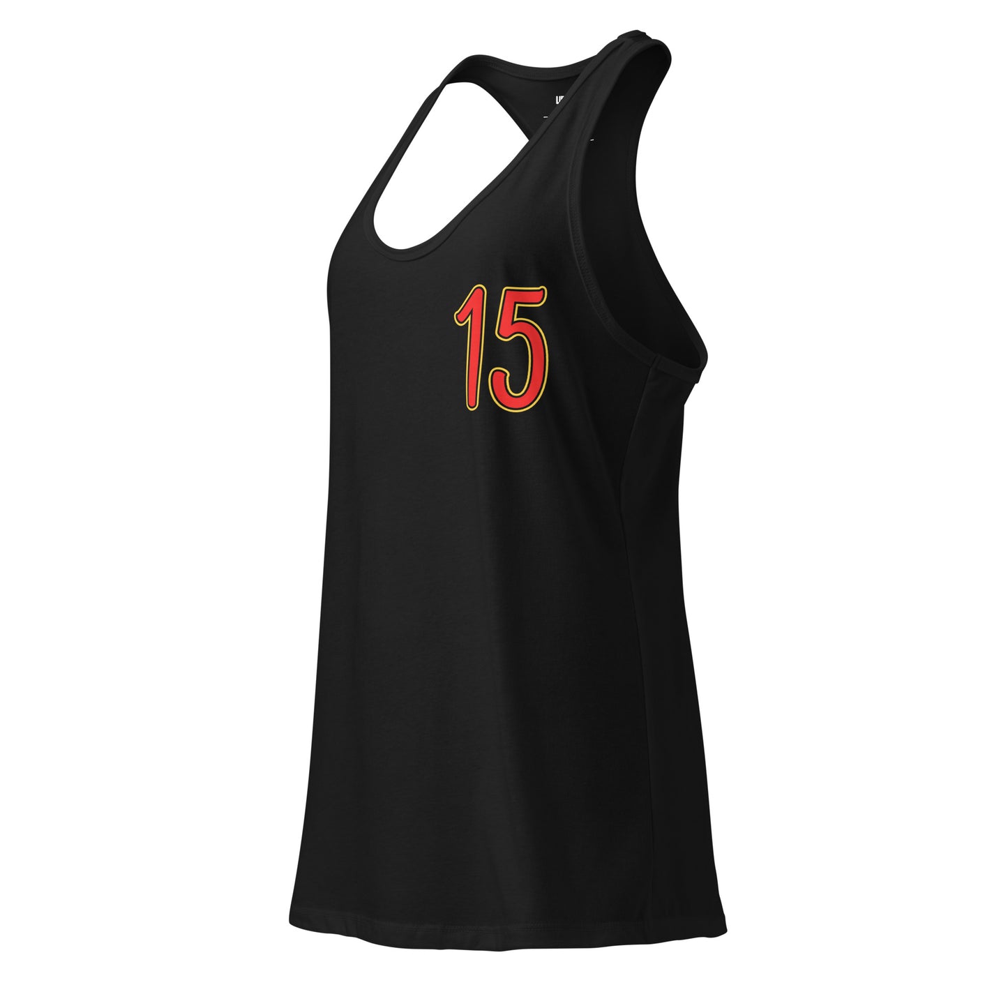 Black tank top with red number 15 on a white background