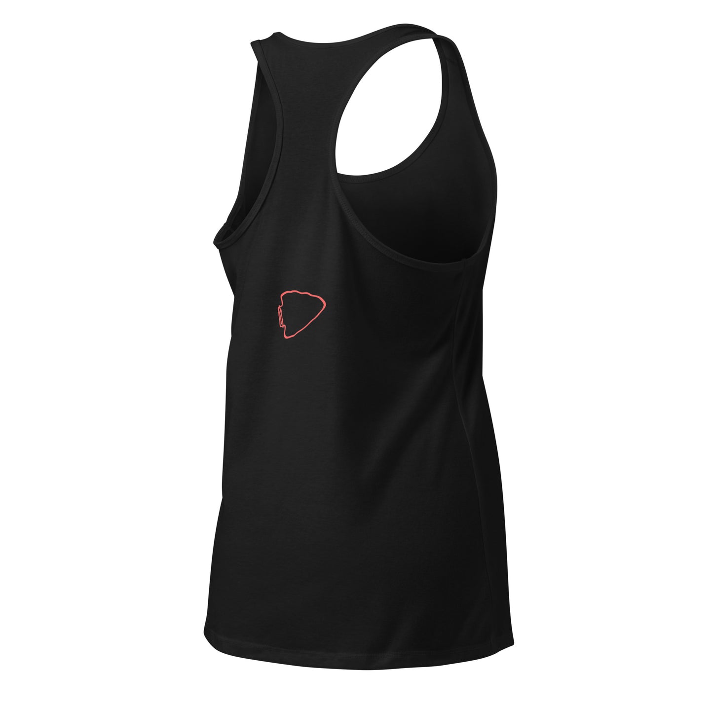 Black tank top with a red logo on a white background