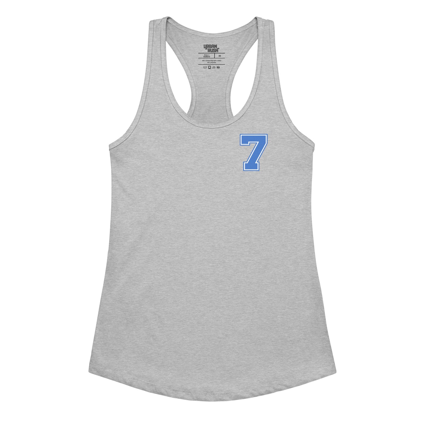 Gray tank top with blue number 7 on a white background